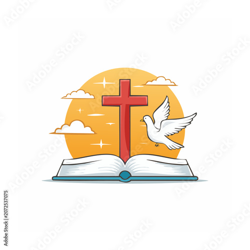 Christian cross, dove, and open book illustration
