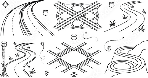 Fotografía Road and highway icon set vector outline collection of street junction path route travel map navigation transportation direction