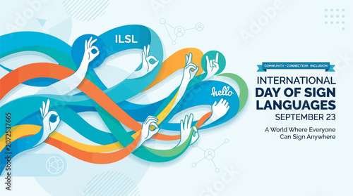 Vibrant illustration for International Day of Sign Languages features flowing ribbons and hands making various.