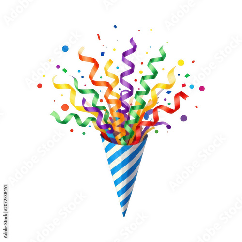 Exploding party popper with colorful confetti and streamers, isolated on transparent background