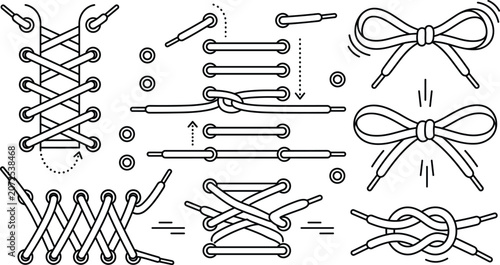 Fotografie Shoelaces tying icon set vector outline collection of shoe lace knot bow lacing method sneaker string cord element