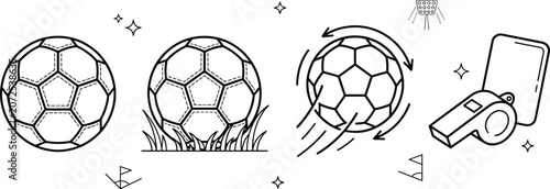 Foto Soccer football sport icon set vector outline collection of ball match referee whistle penalty card grass stadium elements