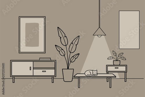 Minimalist line art drawing of a cozy living room interior with a cat sleeping peacefully under a hanging lamp.