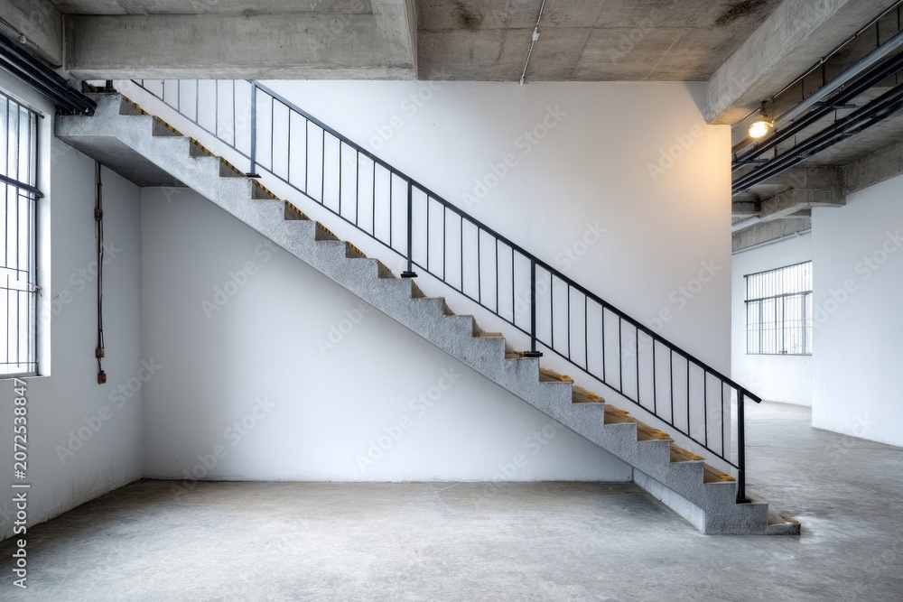 Obraz premium Concrete staircase with black railing ascends inside a modern industrial building.