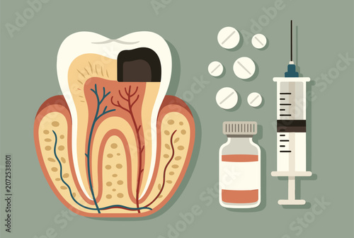 Cross-section of a human tooth showing a deep cavity next to an assortment of medications and a medical syringe.