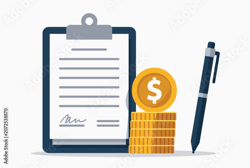 Professional business concept of a signed contract on a clipboard with stacks of gold coins and a black pen.