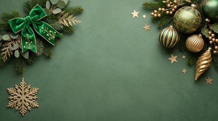 Elegant Christmas holiday background with green velvet bow, gold ornaments, and snowflake on dark green surface with copy space