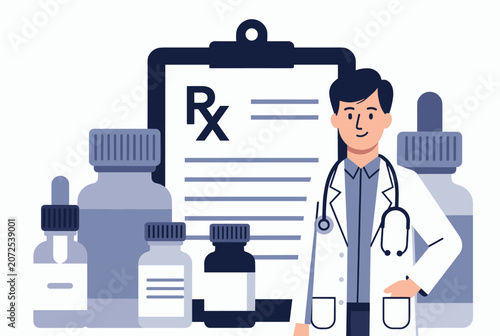 Smiling male doctor standing in front of a medical prescription clipboard and various medicine bottles for pharmaceutical advice and care.