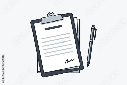 Professional document on a clipboard with a signature area and a pen indicating a business agreement or legal contract completion.