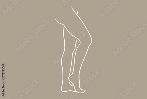 Elegant white line drawing of human legs shown from a side view against a warm neutral background for beauty and fitness themes.