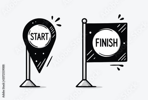 Stylized hand drawn illustrations of a start map pin and a finish flag representing the beginning and end of a journey or project.