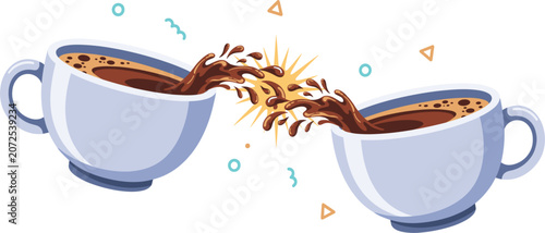 Bild auf Leinwand Toasting coffee cups vector concept with clinking ceramic mugs, liquid splash an