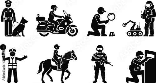 Photos Police and law enforcement stick figure icons set featuring swat officer bomb sq