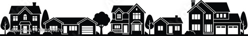 Fotografie Suburban street panoramic black silhouette with various family residential house