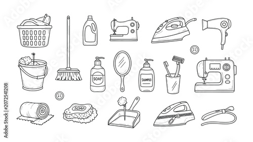 Set of household chores and cleaning equipment sketch icons