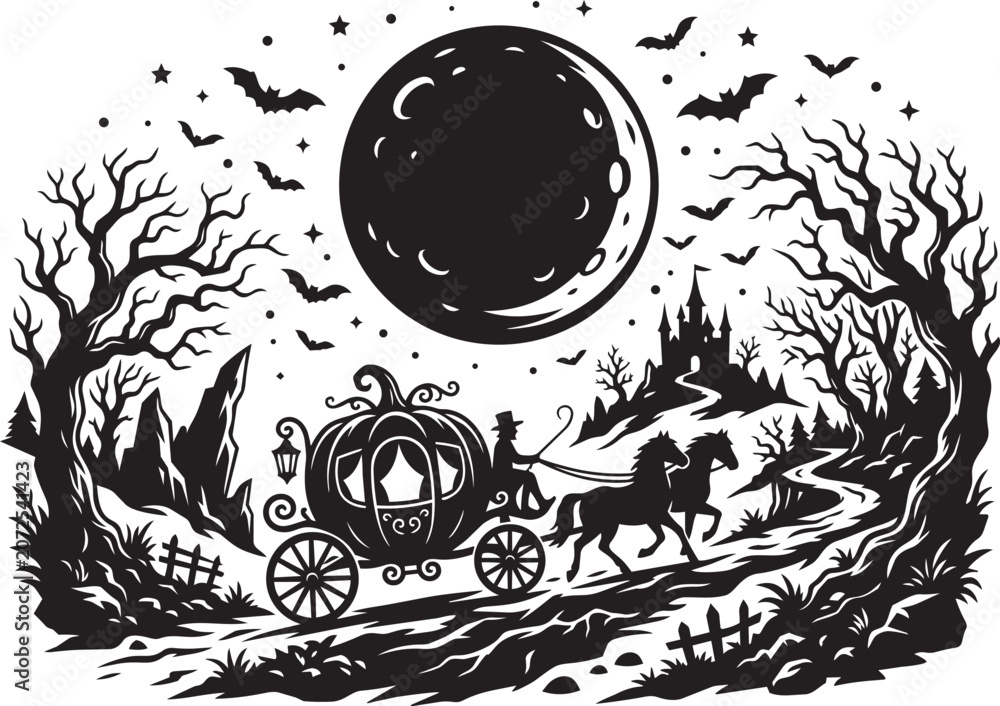 Obraz premium Halloween Pumpkin Carriage Moon Silhouette Scene With Flying Bats And Fantasy Seasonal Elements