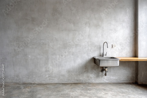 Stainless steel sink and faucet on concrete wall with wooden shelf.