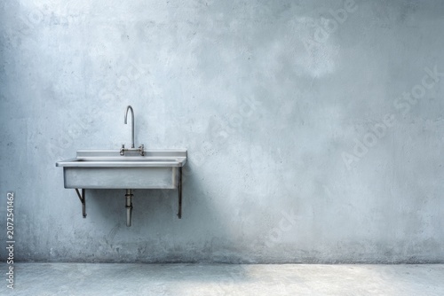 Stainless steel sink and faucet mounted on a rough concrete wall.