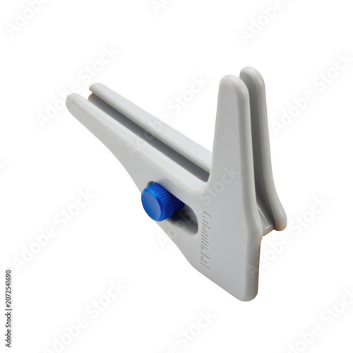 Gray plastic measuring tool with blue knob isolated on transparent background