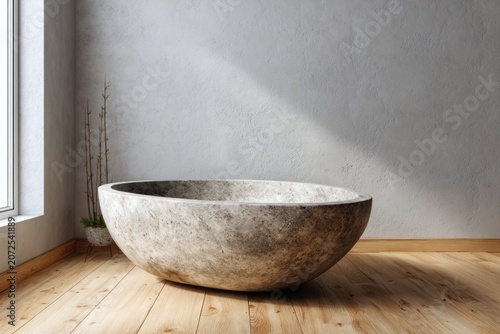 Stone bathtub sits on wooden floor near window with gentle light.