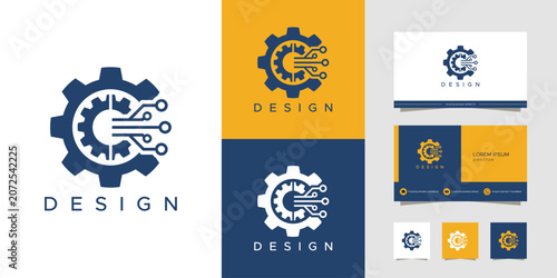 A professional logo design featuring a gear integrated with circuit board elements, presented with branding mockups and business card layouts in blue, yellow, and white colors.