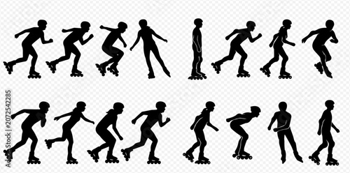 Cuadro en lienzo Set of inline roller skater silhouettes in various dynamic poses showing movement and action