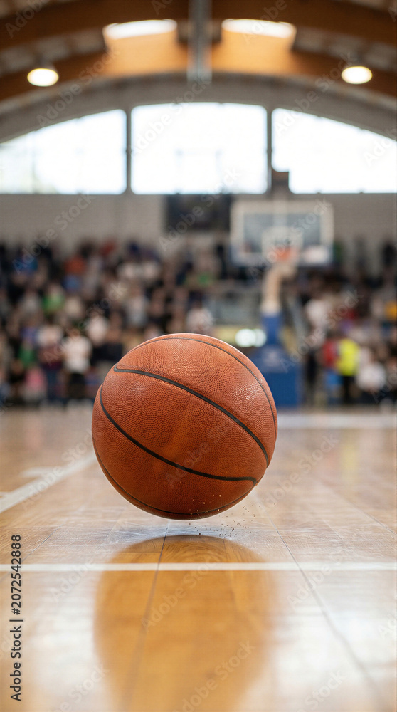 Naklejka premium Basketball bouncing on indoor hardwood court