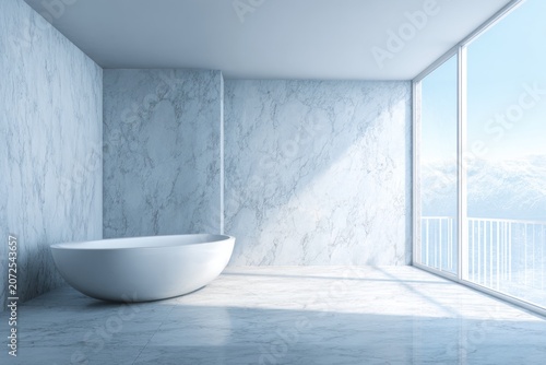 Modern bathroom with freestanding tub and panoramic window views.