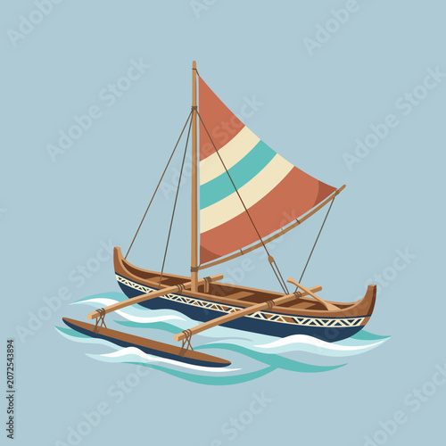 Foto A traditional wooden outrigger canoe sails across the calm ocean