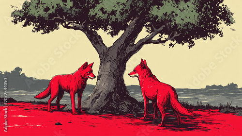 Two bright red foxes under a tree in flat stylized nature scene with stylized, wildlife