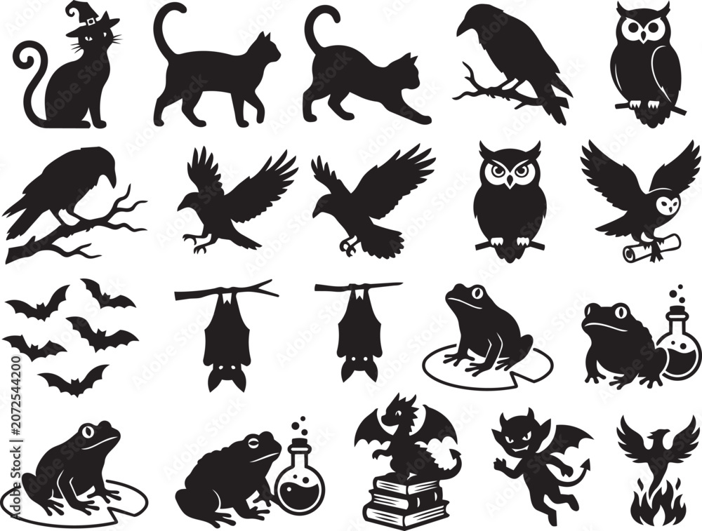 Fototapeta premium Premium Halloween Witch Pets Collection Silhouette Bundle Featuring Cats Ravens Frogs Bats And Magical Creatures