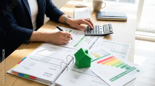 An expert analyzing home energy efficiency ratings and utility invoices on a desk.