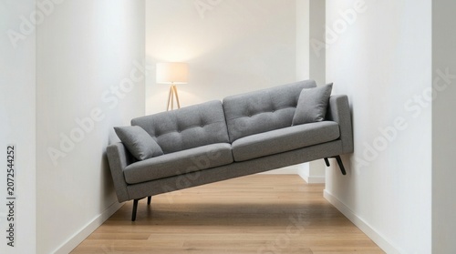 Minimalist room with a grey sofa tilted due to insufficient space and poor interior design.