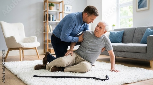 Assisting an elderly senior man after falling in a home environment