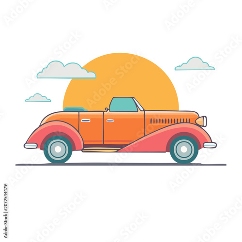 Flat vector illustration of orange camper van with sun
