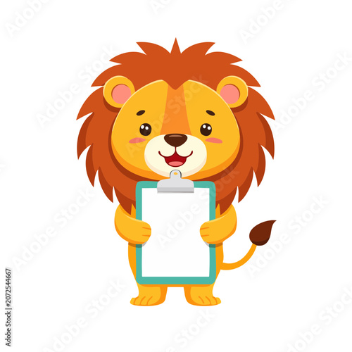 Happy cartoon lion holding a clipboard