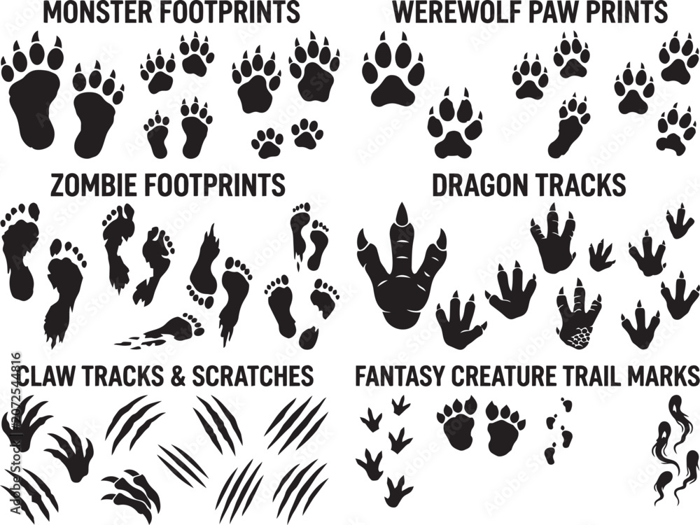 Fototapeta premium Halloween Monster Footprint Collection Silhouette Bundle Featuring Creature Tracks Claw Marks And Spooky Trail Elements