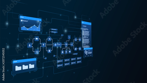 AI workflow automation artificial intelligence. ai agent workflow diagram connecting node input, flow process, database and automation system.