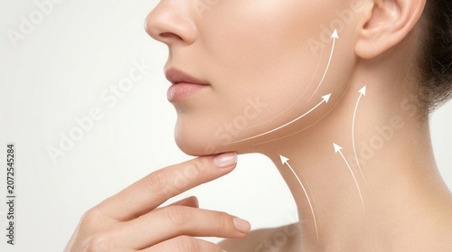 A woman's jawline and neck showing facial rejuvenation and lifting results.