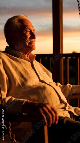 An elderly man savors a warm sunset on the wooden porch