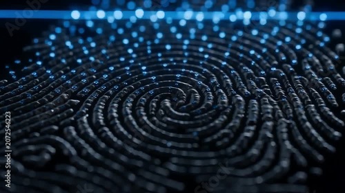 Biometric fingerprint scan with glowing blue circuit lines and nodes on dark background close-up.
