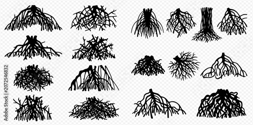 Foto Set of various hand-drawn tree roots, isolated on a transparent background, depicting different root systems and structures
