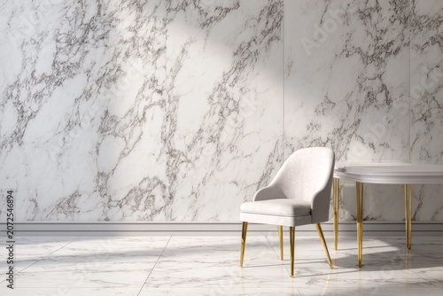 Elegant chair and table beside a marble wall bathed in sunlight.
