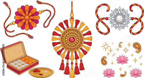 Konstfotografi Raksha Bandhan Indian Festival Vector Elements Set with Colorful Rakhi Threads S