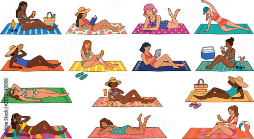 Fotografie Diverse women sunbathing on beach towels vector set, summer vacation girl charac