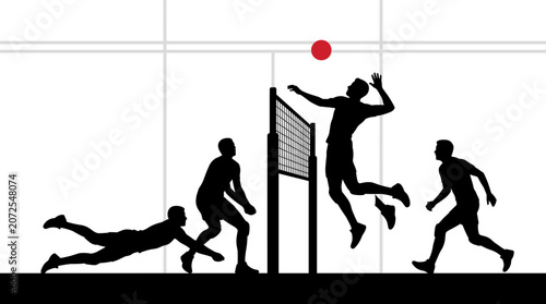 Action Silhouette of Male Volleyball Players with Red Ball