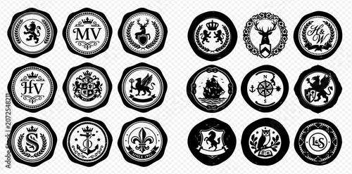 Collection of various black and white heraldic wax seals and emblems, featuring animals, monograms, and traditional symbols.