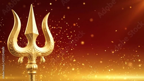 Navratri festival banner, elegant golden trishul positioned on one side of the composition, deep red to gold gradient background, subtle divine glow, large empty copy space
