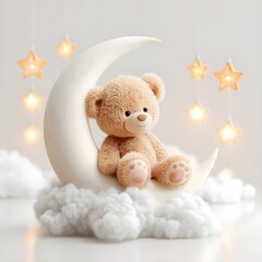 Cute teddy bear sitting on fluffy clouds under a crescent moon with stars