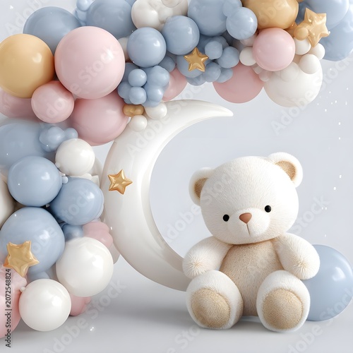 Cute teddy bear surrounded by colorful balls